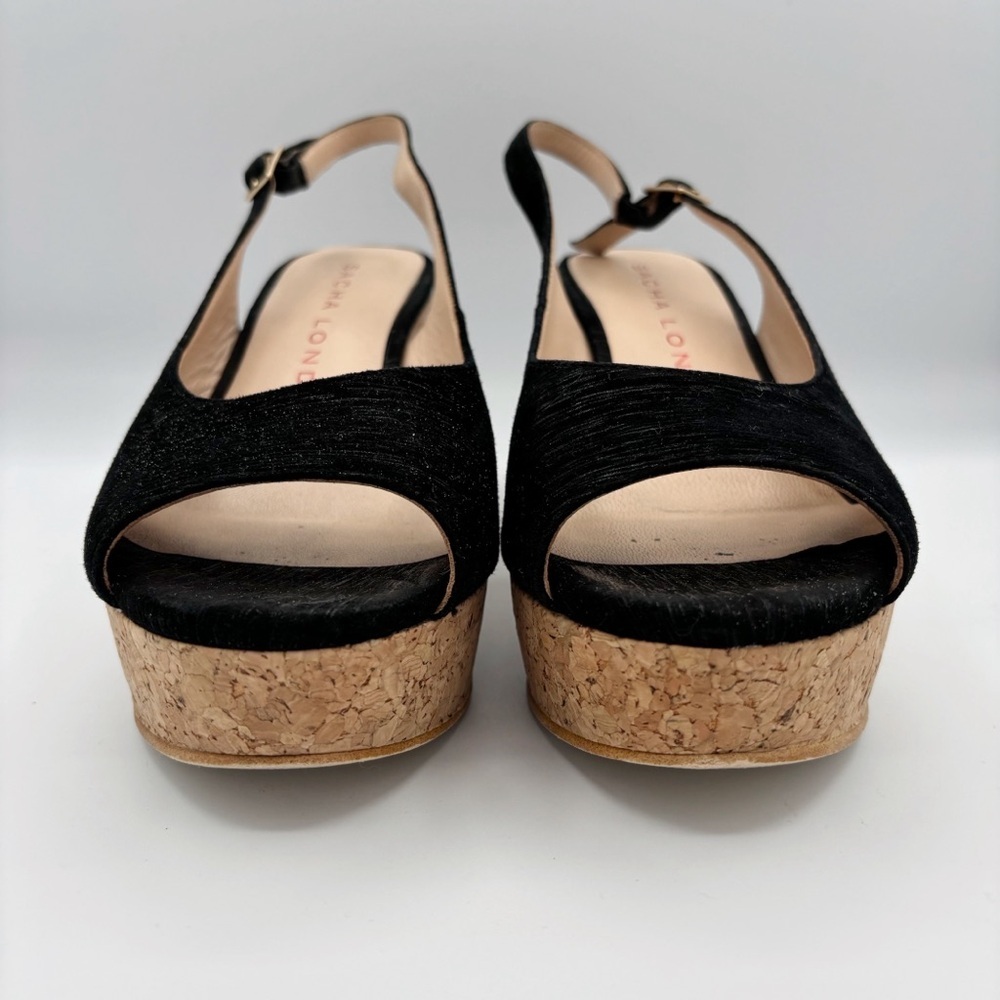 Sacha London Black Peep Toe Cork Wedge Slingback Heels Sz 8 - Picture 2 of 7